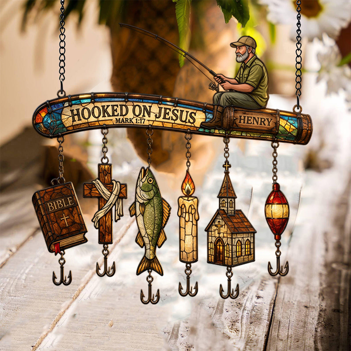 Hooked On God - Personalized Fishing Window Hanging Suncatcher With Custom Charms