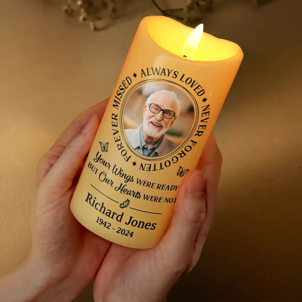 "No Longer by My Side, Always in My Heart – Custom Memorial LED Candle with Wings – Tribute Gift for Memorial Day or Anniversary"