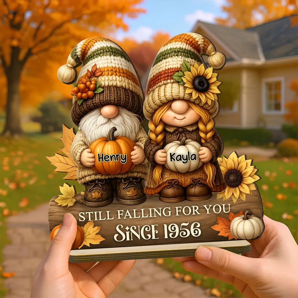 Gnome Couple Wooden Plaque, Customizable Fall Pumpkins and Sunflowers, Romantic Keepsake for Home, Unique Couple Gift