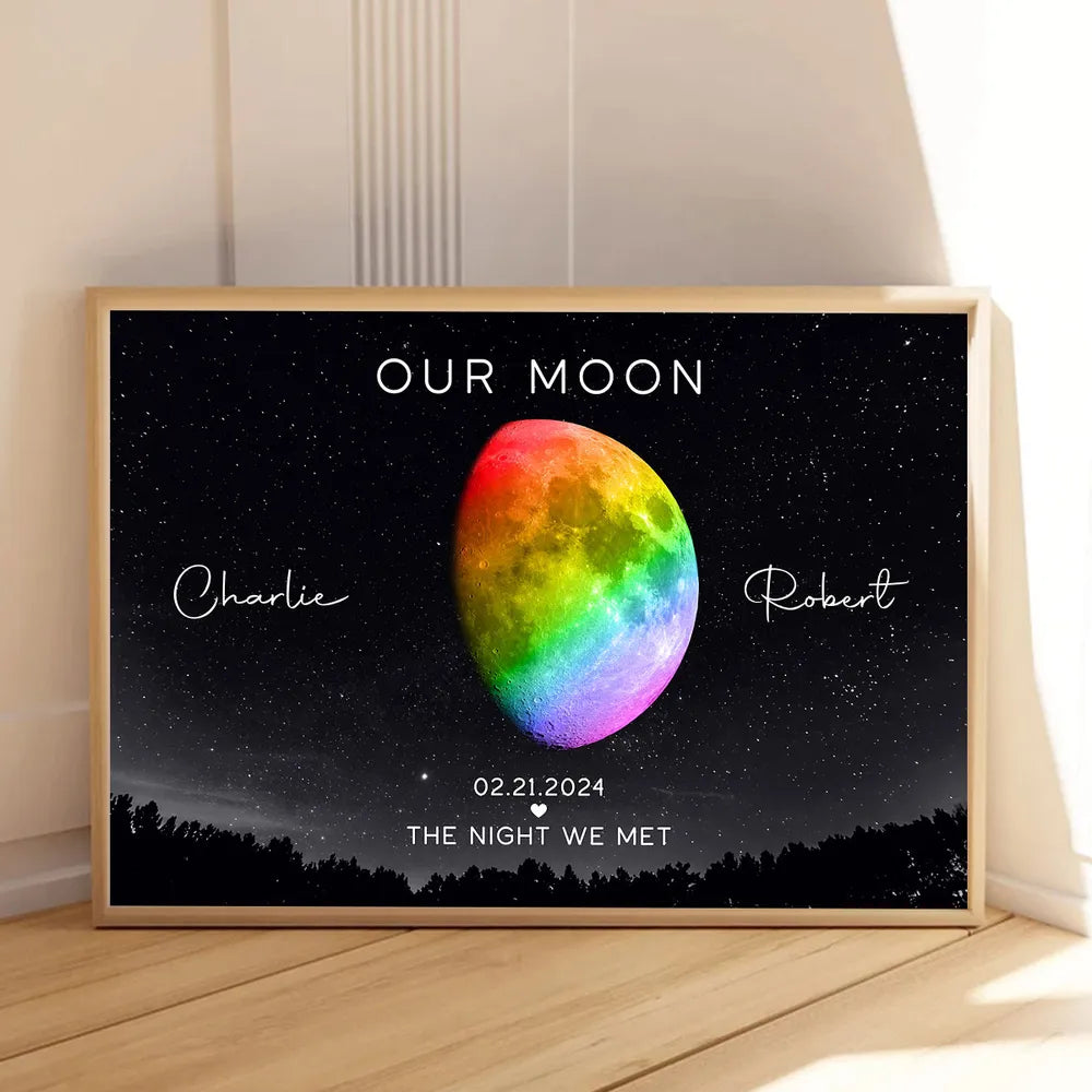 Personalized Moon Phase Poster for Couples, Rainbow Night Sky Wall Art, Unique Anniversary Gift & Pride Keepsake