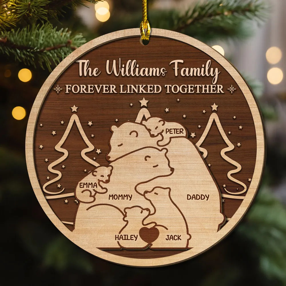 Wooden Ornament Bear Family, Customizable, for Christmas Tree or Nursery, rustic two-tone wood, unique gift for Parents