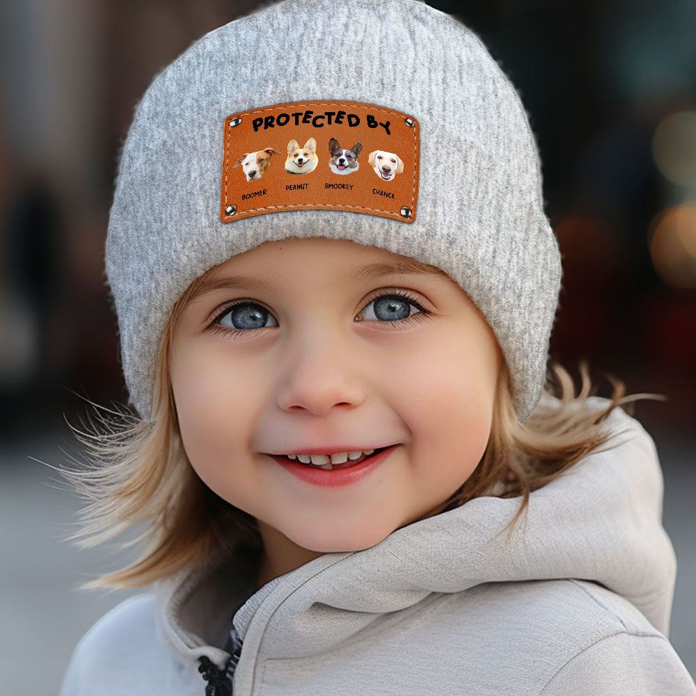 Leather Patch Beanie Hat with Funny Dog Prints, Cozy Gift