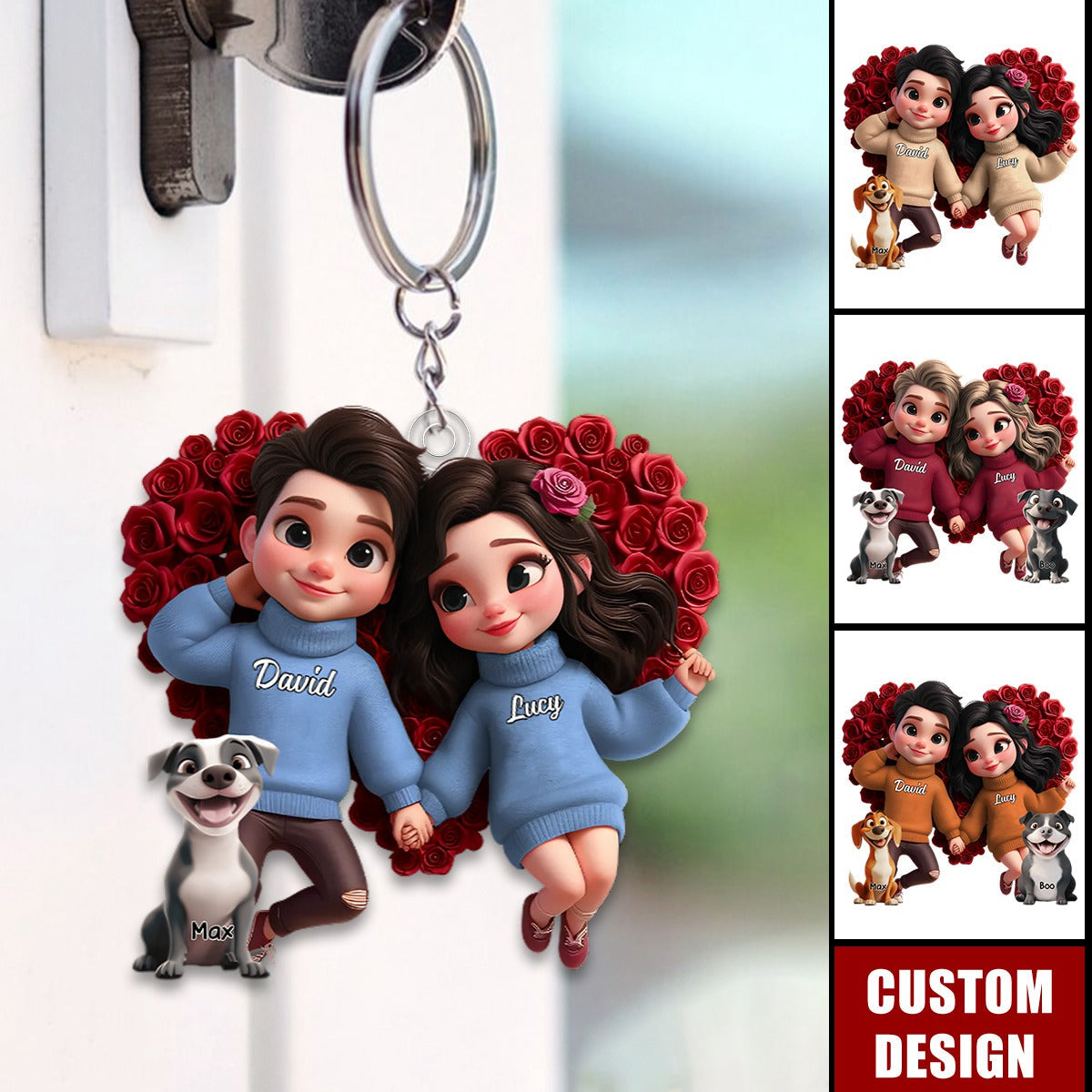 Personalized Acrylic Keychain – Cute Cartoon Couple with Their Dog, Holding Hands Surrounded by Roses, Custom Love Keepsake for Couples, Families or Dog Loves