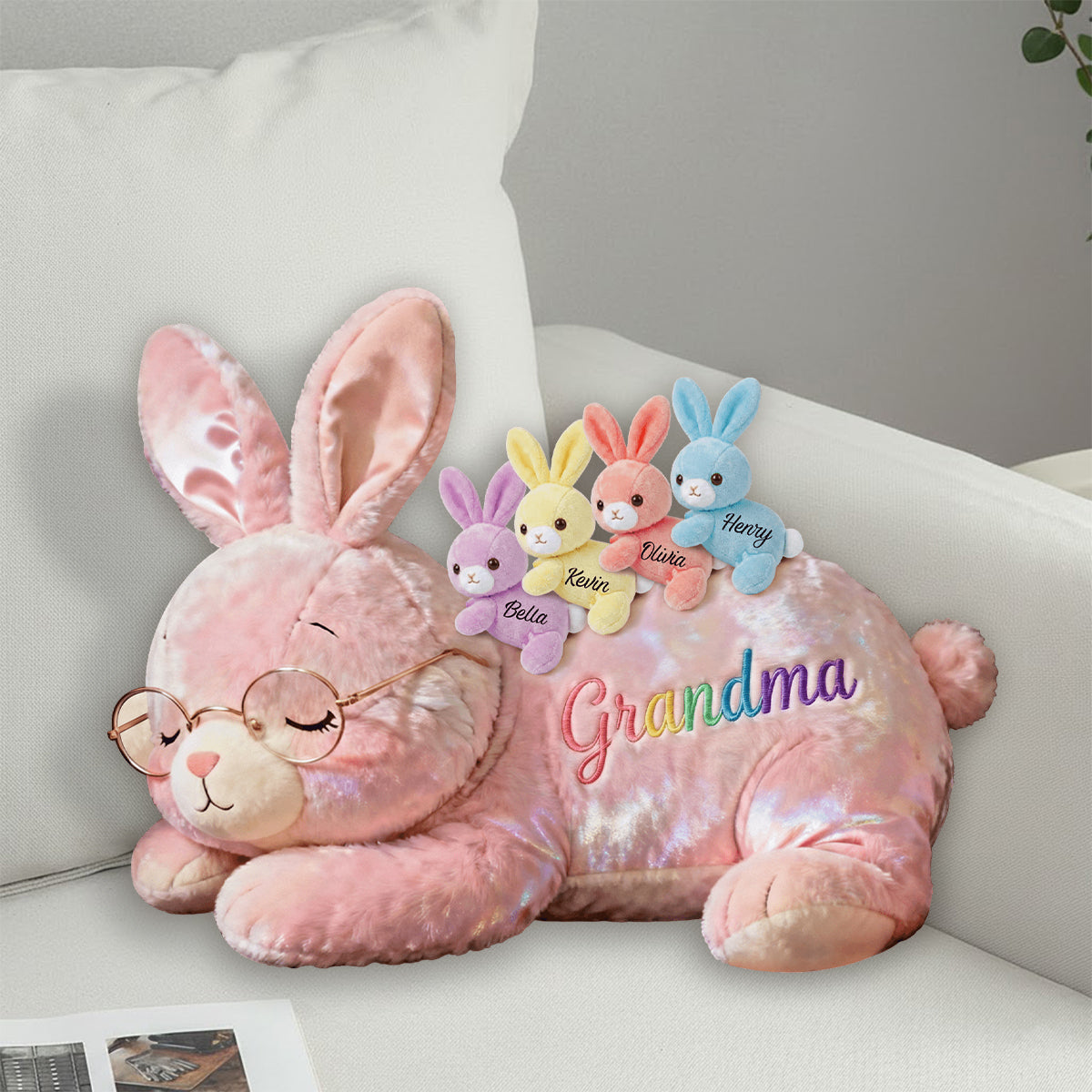 Grandma Bunny with Baby Bunnies - Personalized Grandma Faux Fur Shaped Pillow