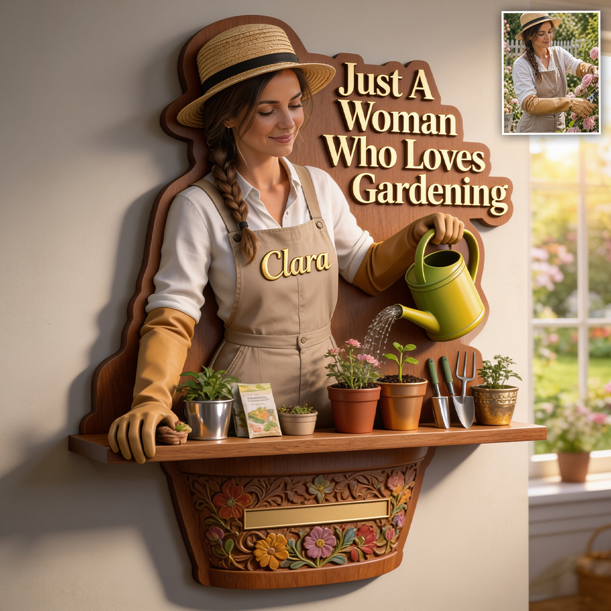 Just A Woman Who Loves Gardening - Personalized Graduation Wooden Floating Shelf