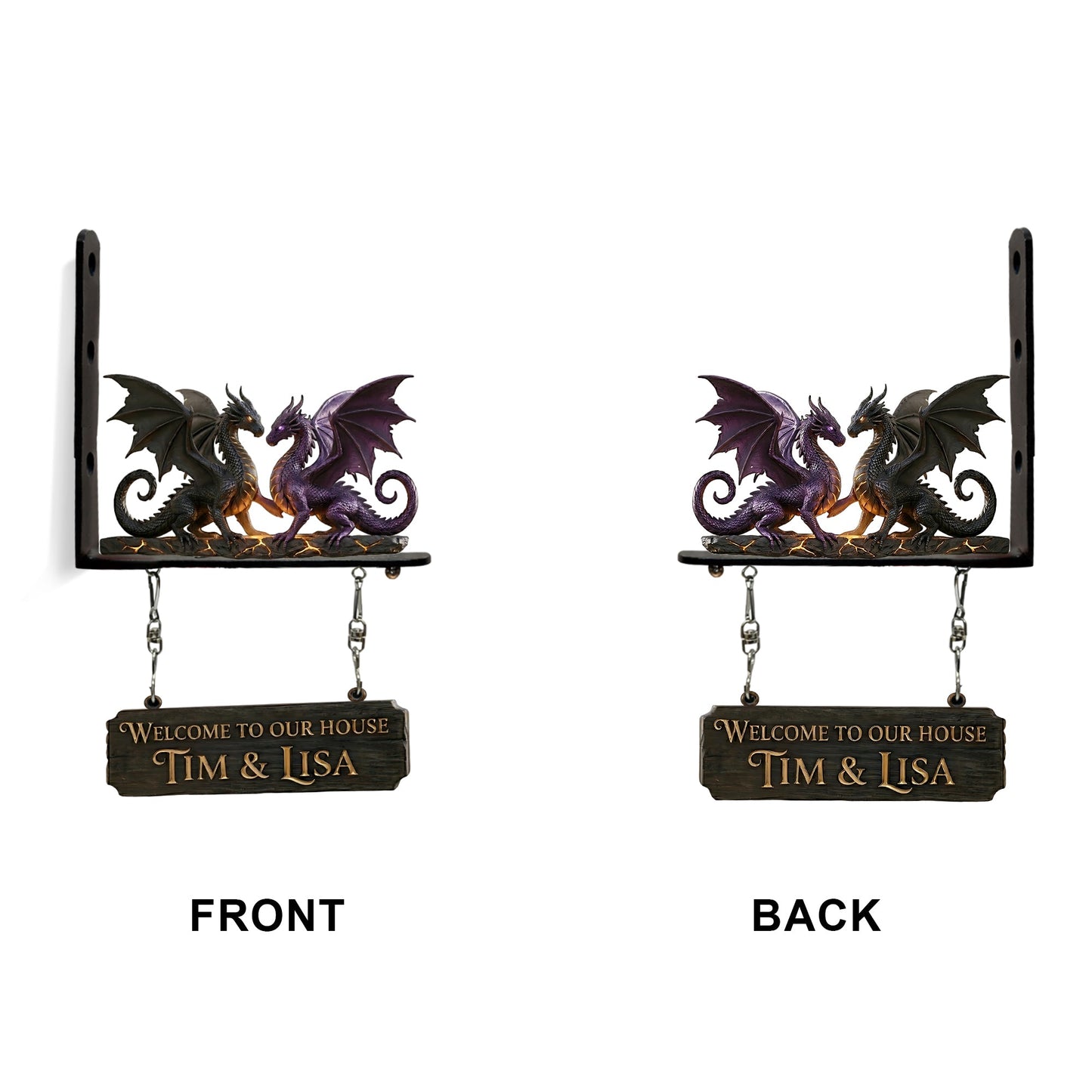 Dragon Couple Welcome Sign - Personalized Dragon Wooden Wall Mount Sign