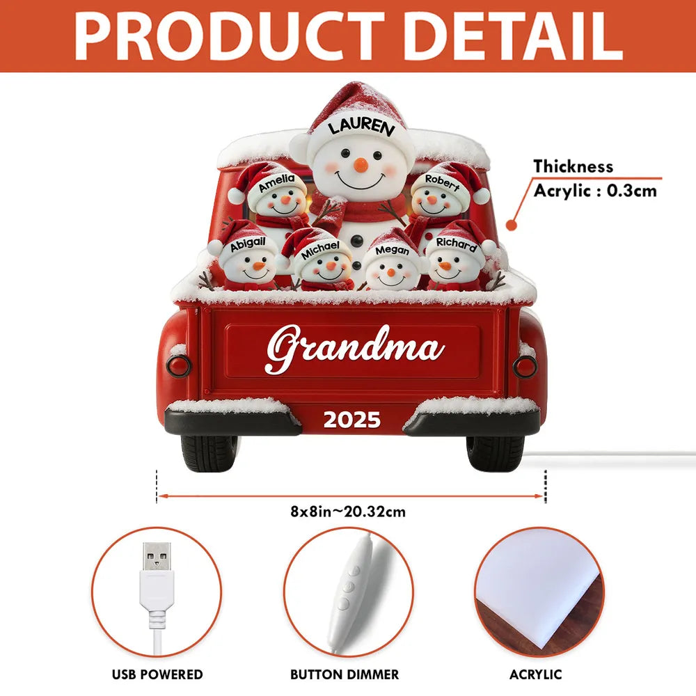 Custom Snowman Grandma & Grandkids Acrylic Light Box, Festive Red Truck Bedroom Lamp and Unique Holiday Gift for Family