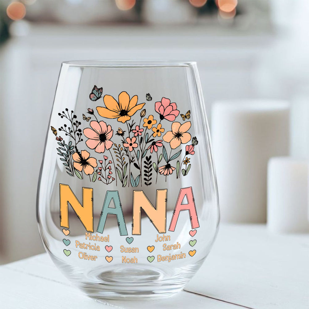 Personalized Wine Glass for Grandma with Colorful Flower Design, Customizable with Names of Grandchildren, Ideal Gift for Grandmothers on Special Occasions
