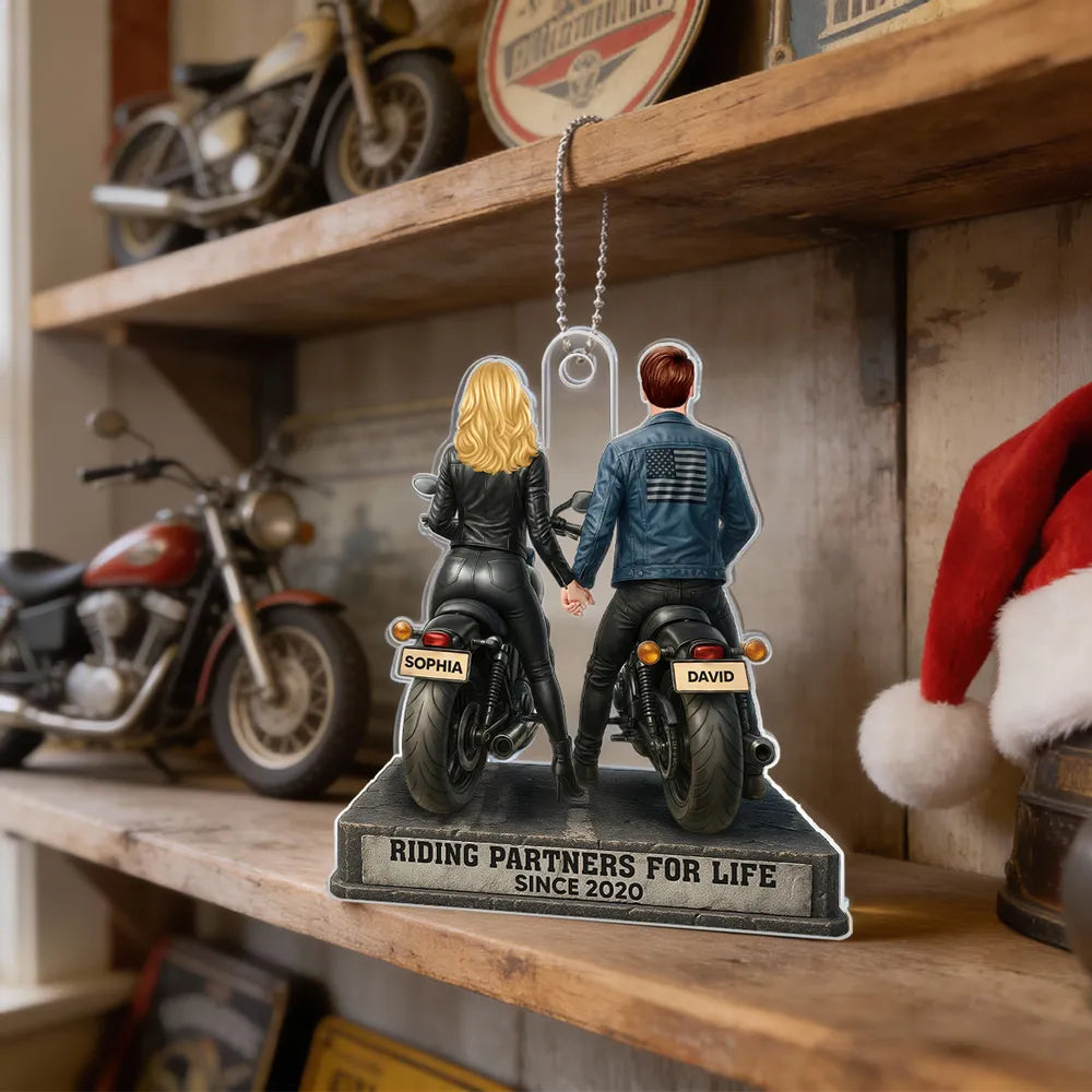 Riding Partners for Life Acrylic Car Hanger, Personalized Couple on Motorcycles Rearview Mirror Decor, Sentimental Gift for Couples