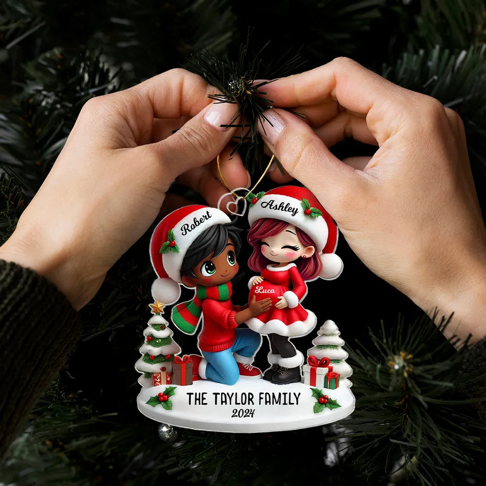 Christmas Acrylic Ornament - Expecting Couple with Santa Hats, Baby-Bump Moment, Festive Keepsake, a Unique Gift for New Mom & Dad