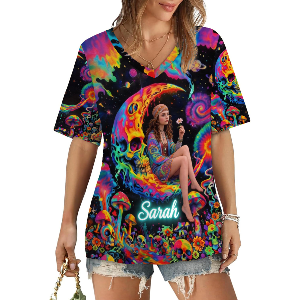 Custom Any Photo Hippie Skull Psychedelic - Personalized Hippie Fully Printed V-Neck T-Shirt