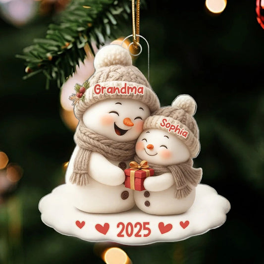 Personalized Acrylic Ornament for Grandma & Grandkid Snowman Hug Christmas Tree Decor Unique Family Gift