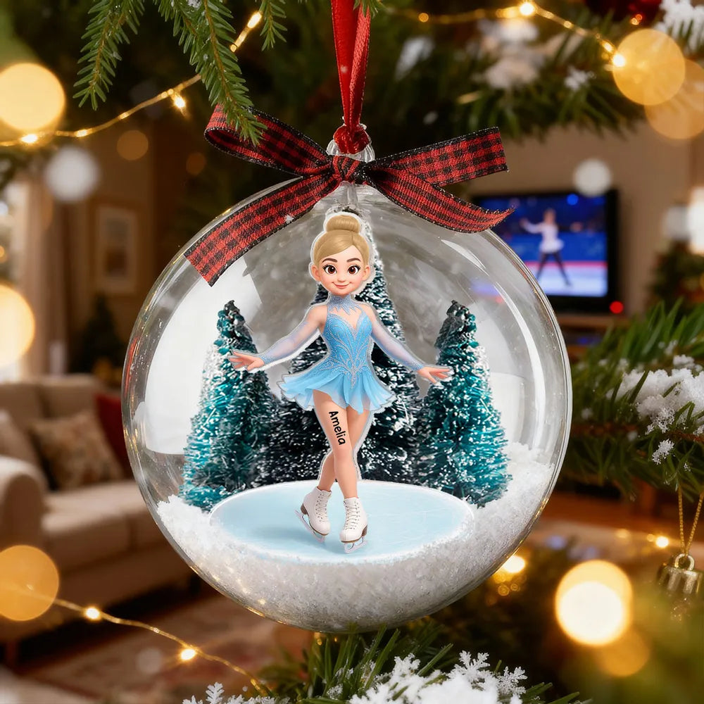 Snow Globe Ornament with 3D Christmas Trees & Figure Skater - Unique Gift for Daughters or Granddaughters