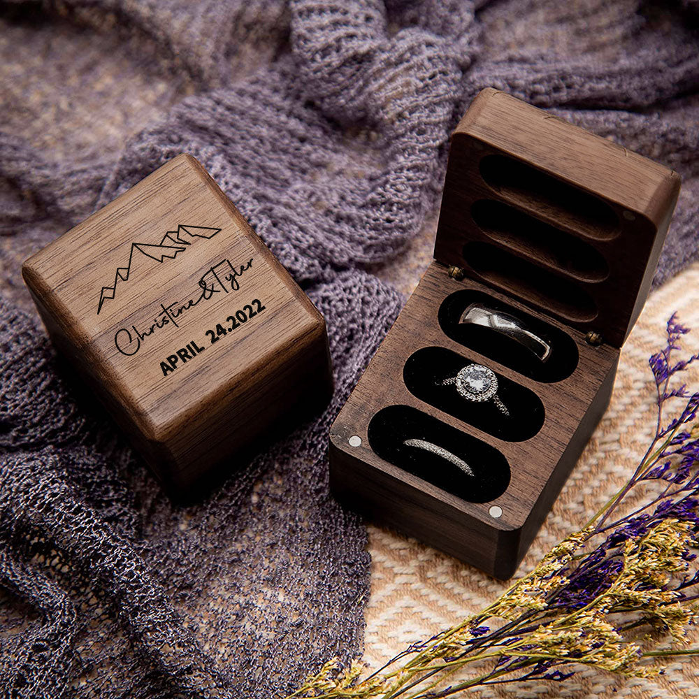 Custom Engraved Text - Personalized Triple Slot Wooden Ring Box