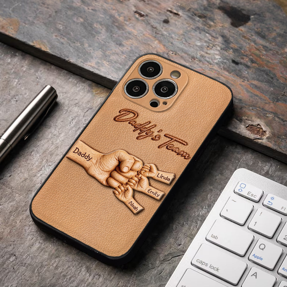 Daddy's Team - Personalized Father 3D Embossed Leather Phone Case
