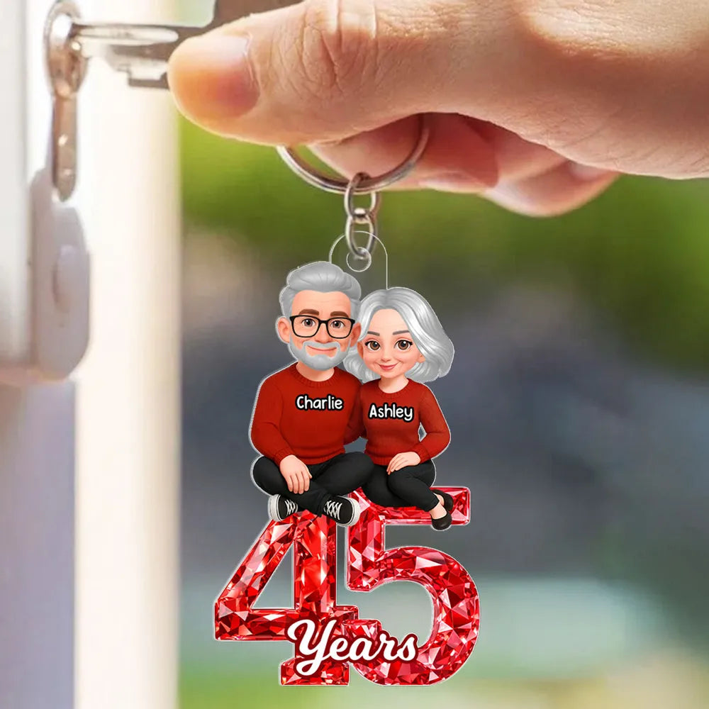 Personalized Anniversary Acrylic Keychain With Couple Illustration Red Gem Look A Unique Gift For Husband Or Wife