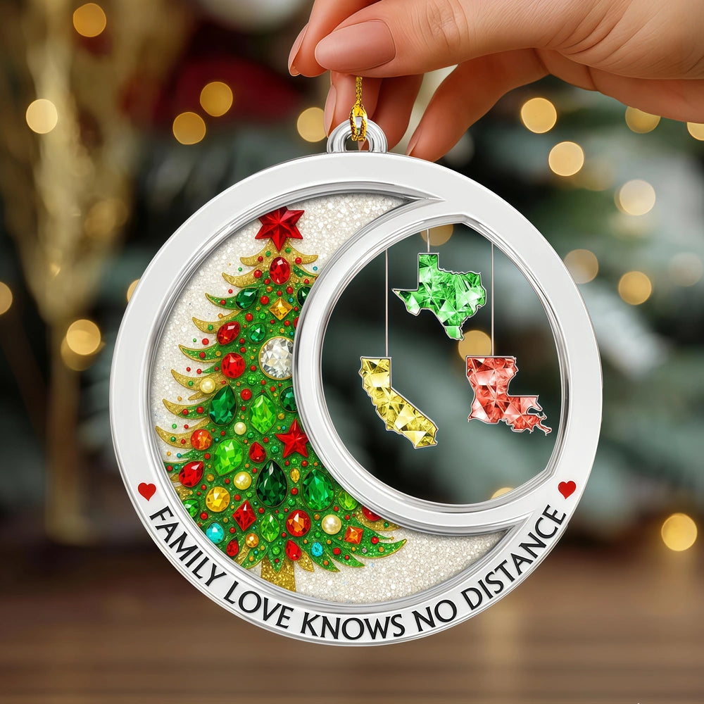 Personalized Acrylic Ornament with Gemstone Christmas Tree & States – Family Love Knows No Distance, Unique Holiday Gift