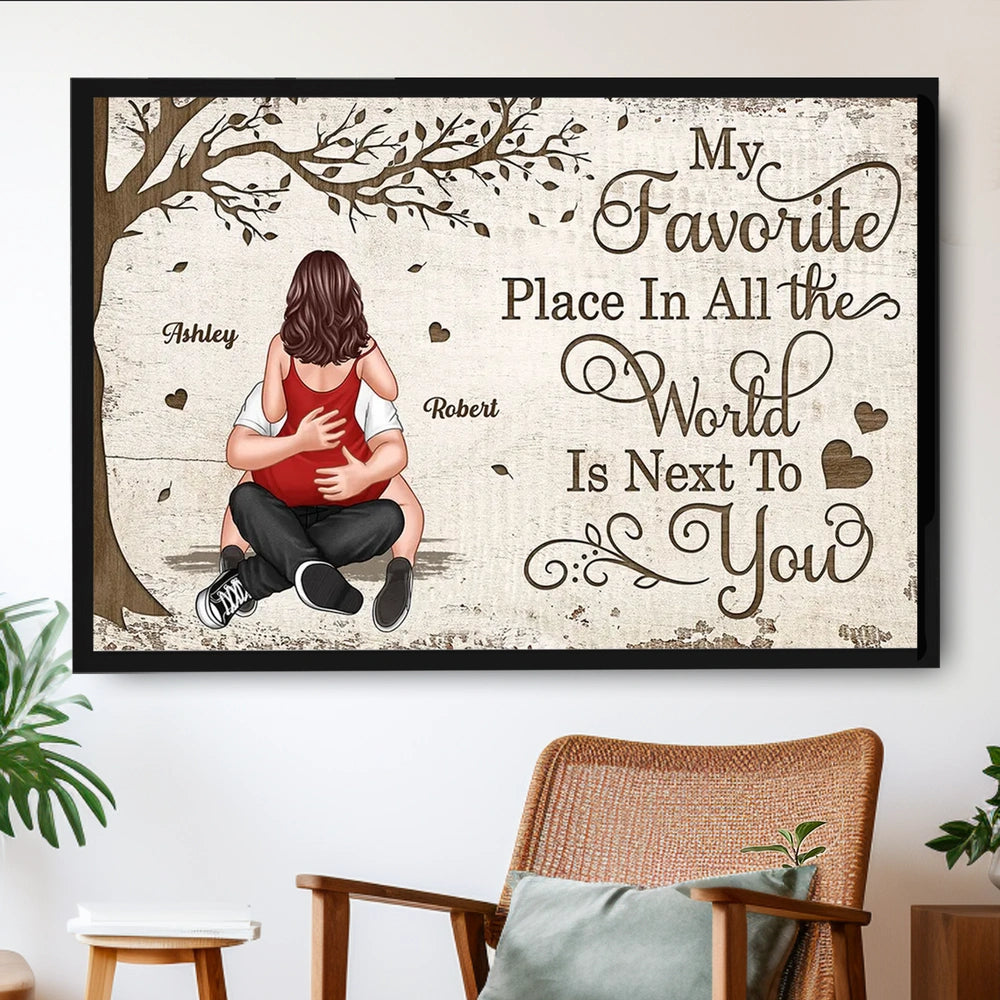 Personalized Couple Hugging Back View Poster Wall Art My Favorite Place In All The World Unique Romantic Gift