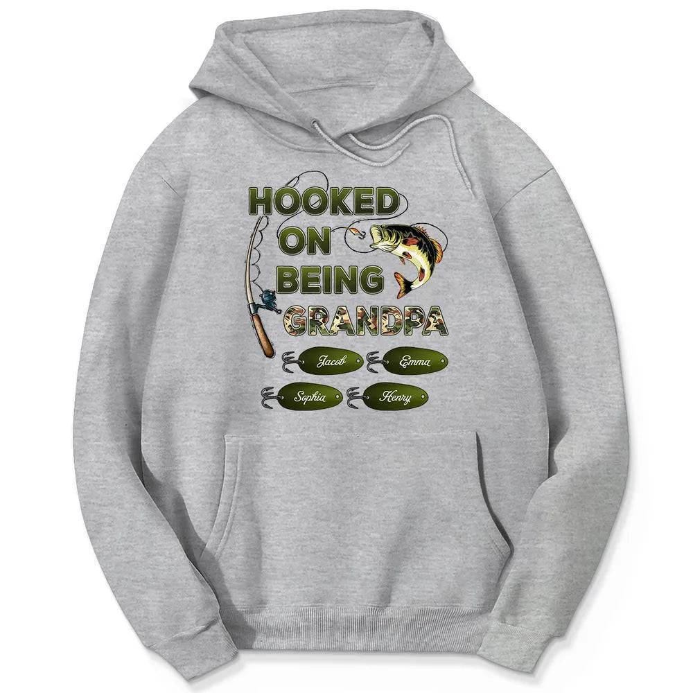 "Personalized Grandpa Fishing T-Shirt/Hoodie - Hooked on Being Grandpa - Ideal Father's Day or Birthday Gift"