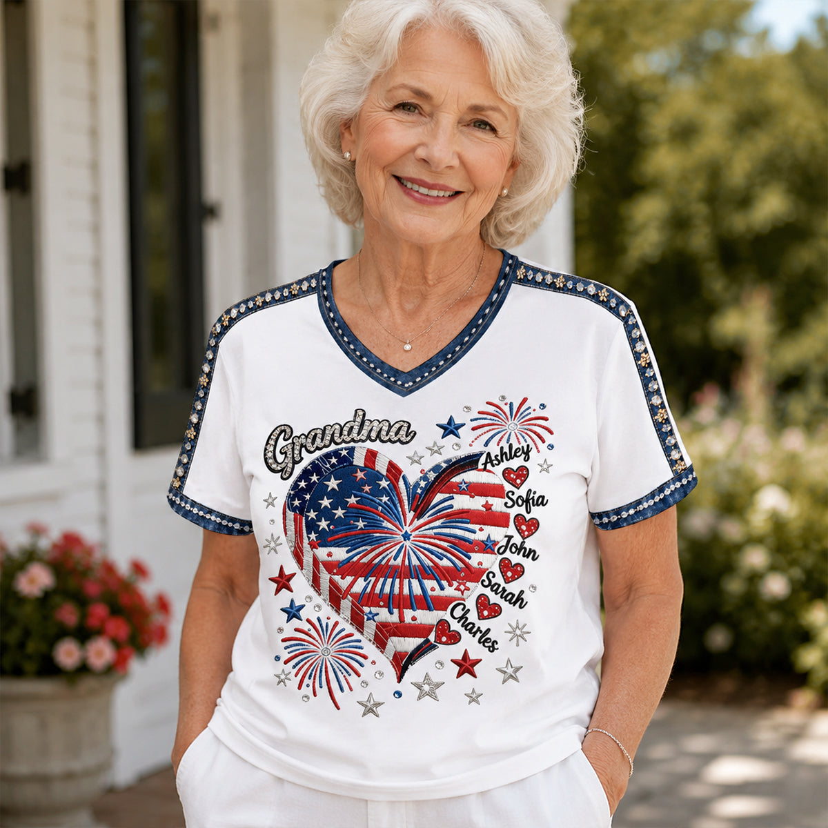 July 4th Grandma Sweethearts Shirt - Personalized Grandma Fully Printed V-Neck T-Shirt
