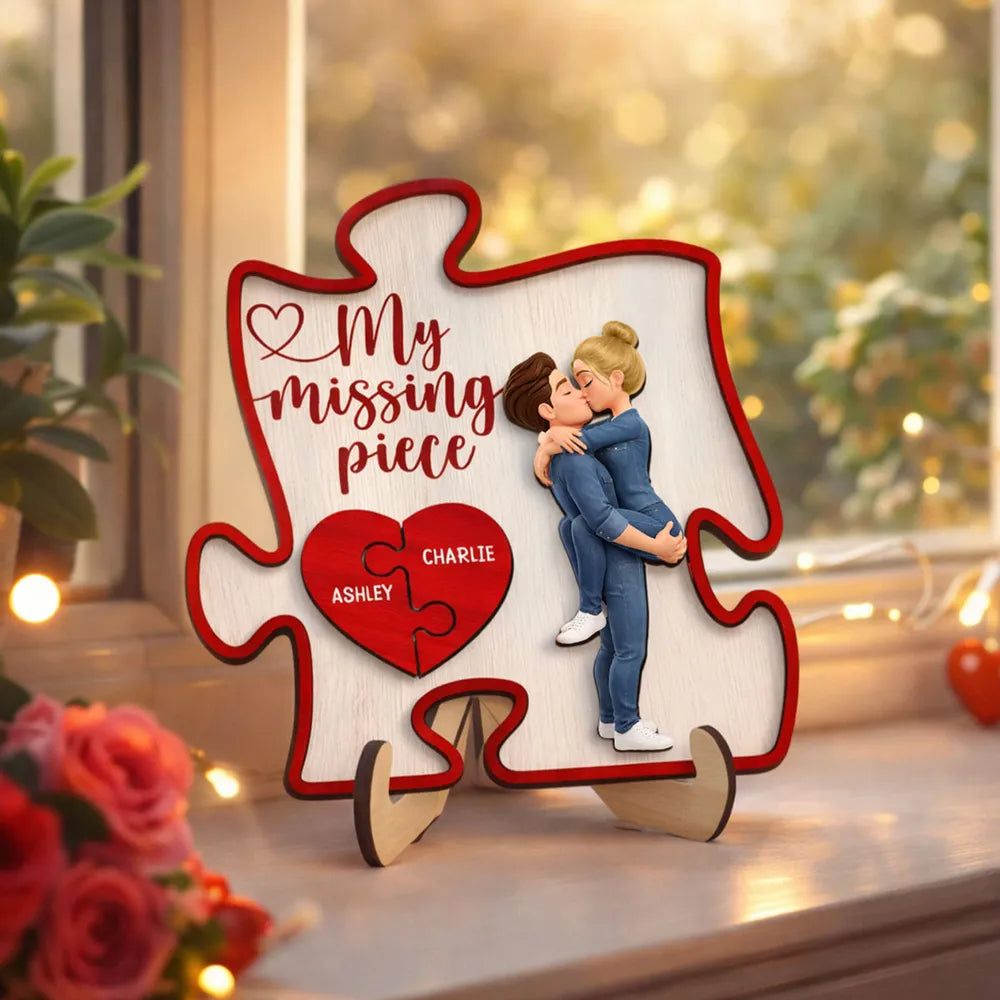 2-Layer Wooden Plaque My Missing Piece with Kissing Couple and Heart Puzzle - Personalized Sweet Gift for Couples