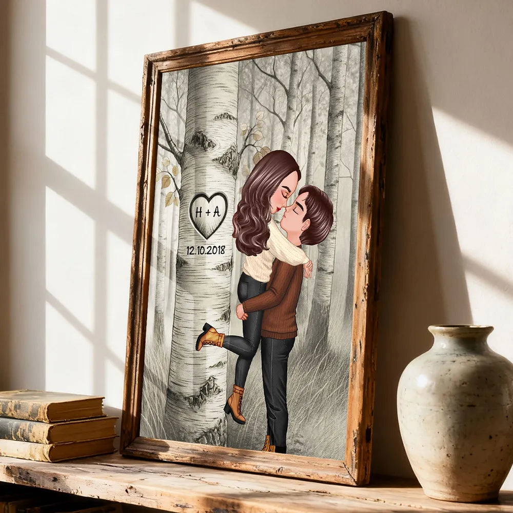 Carved in My Heart Style Personalized Poster, Cozy Forest Couple Wall Art for Home Decor, Sentimental Unique Gift for Couples