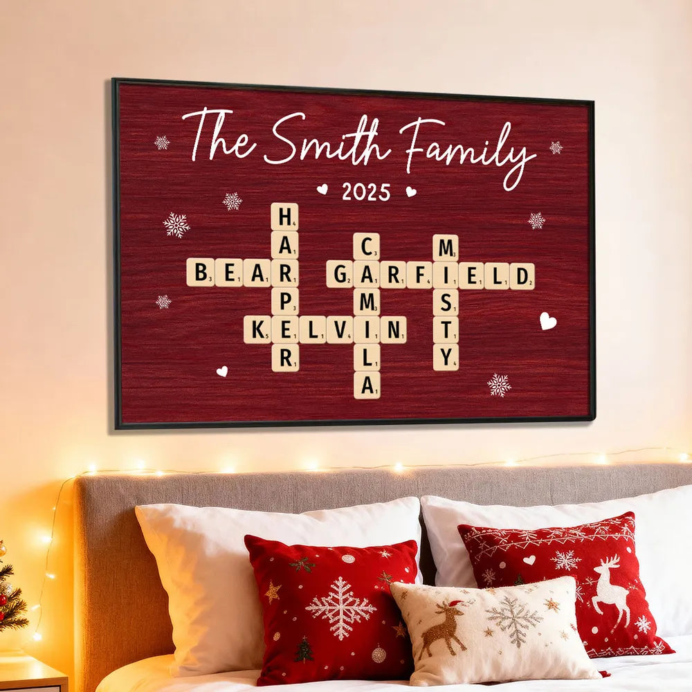 Personalized Family Name Poster with Crossword Tiles, Custom Wall Art for a Cozy Holiday Home, Unique Gift for Loved Ones or Housewarming
