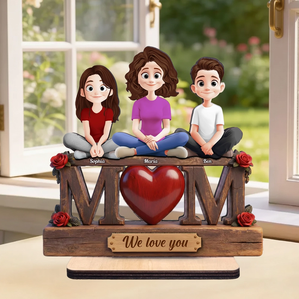Personalized 2-Layer Wooden Plaque with Custom Cartoon Family and We Love You Message, Unique Gift for Mom