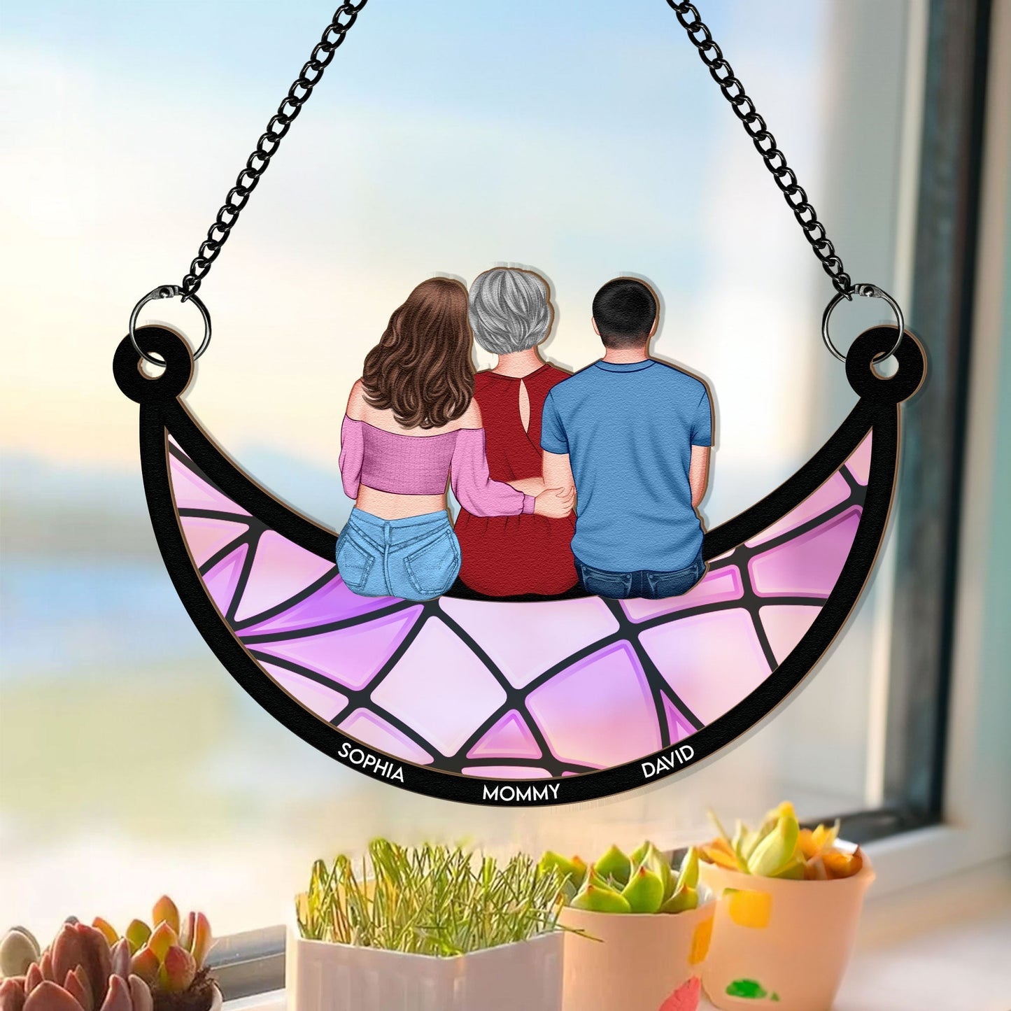 Personalized Wood and Acrylic Layered Ornament, Mom With Kids Sitting Together, Vibrant Suncatcher Style, Unique Gift For Mom