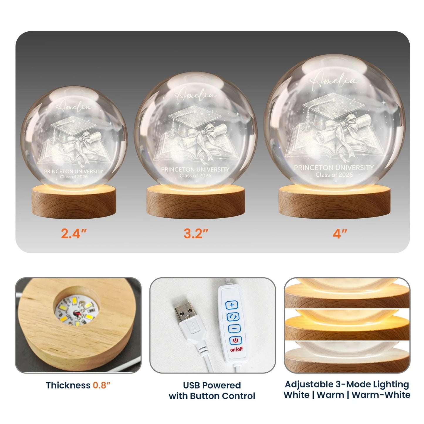 Globe Lamp Custom Graduation Keepsake with Cap Diploma Design Warm Glow Decor Unique Gift for Grad
