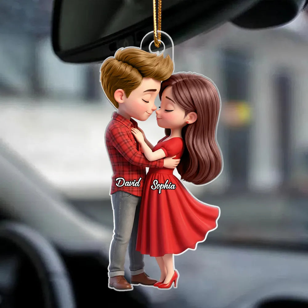 Personalized Couple Hugging Acrylic Car Hanger Rearview Mirror Decor, Cute Cartoon Style, Unique Romantic Gift for Him or Her