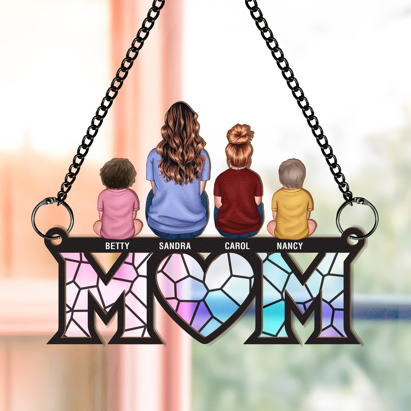 Wood and Acrylic Layered Ornament with Mom and Children Back View, High Clarity, Heartwarming Gift for Family