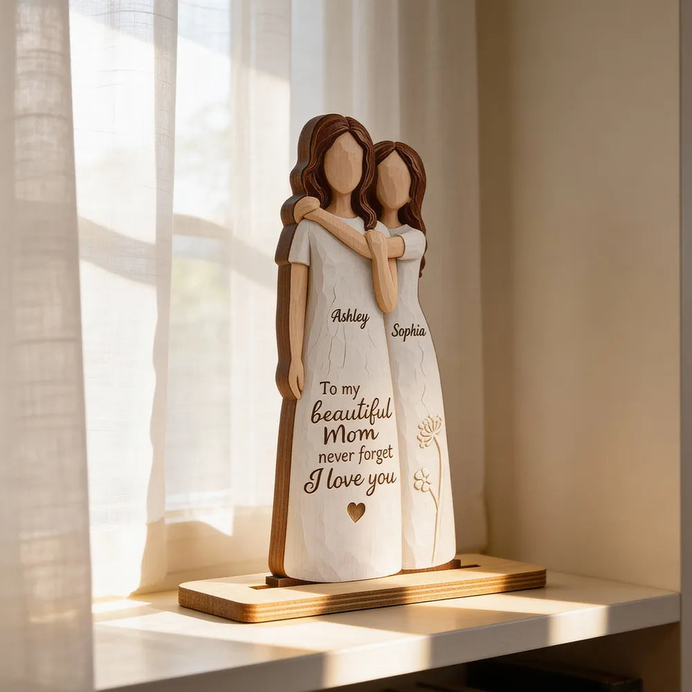 2-Layer Wooden Plaque Personalized for Mom, Sweet Mom and Daughter Hug Decor, Unique Gift With 'Never Forget I Love You'