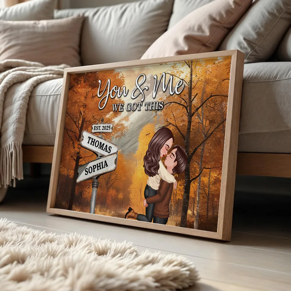 Personalized Couple Kissing at Crossroads Street Sign Poster, Cozy Autumn Wall Art, Unique Gift for Couples