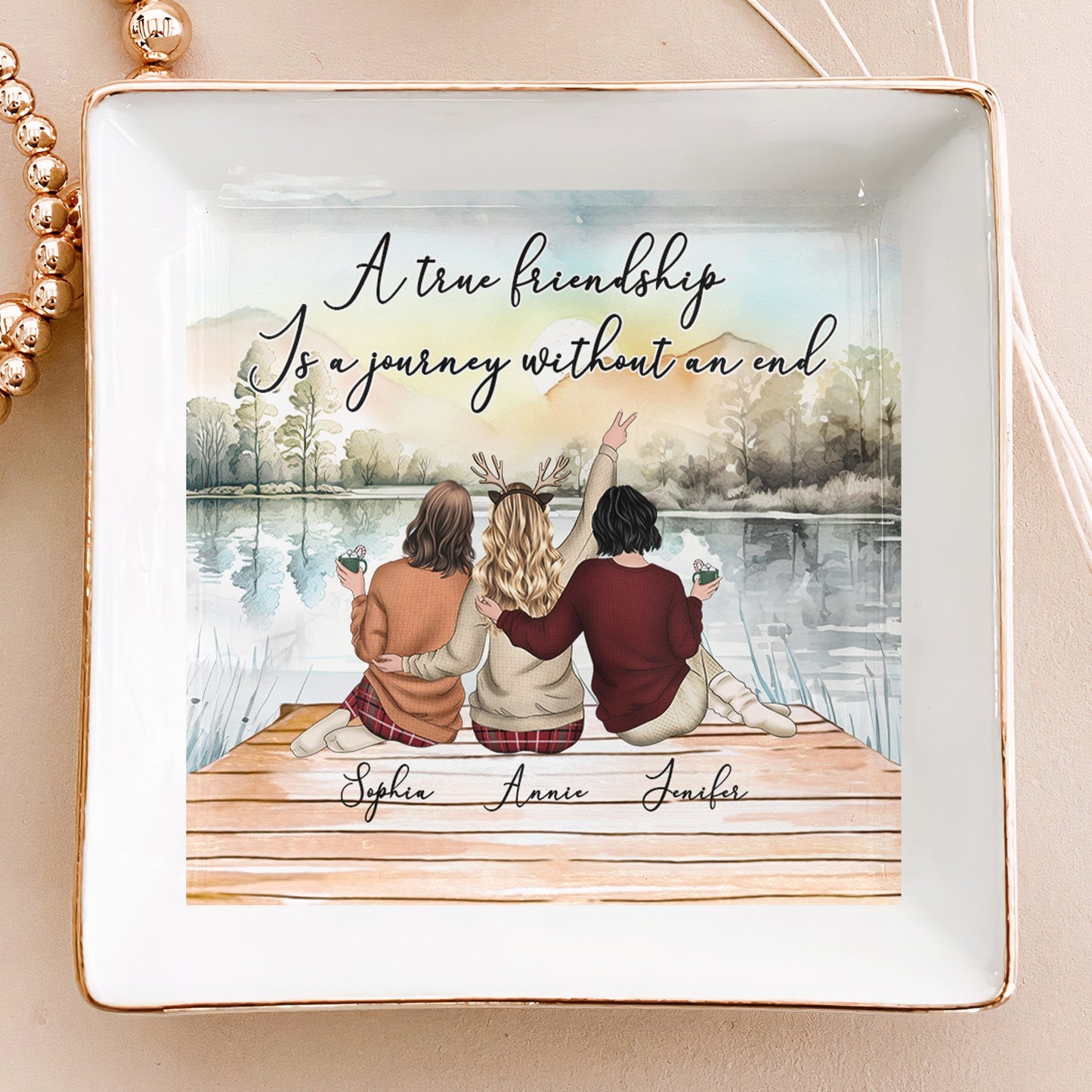 Lakeside Sisters Ceramic Jewelry Dish, “A True Friendship” Quote, Personalized Keepsake Gift for Siblings