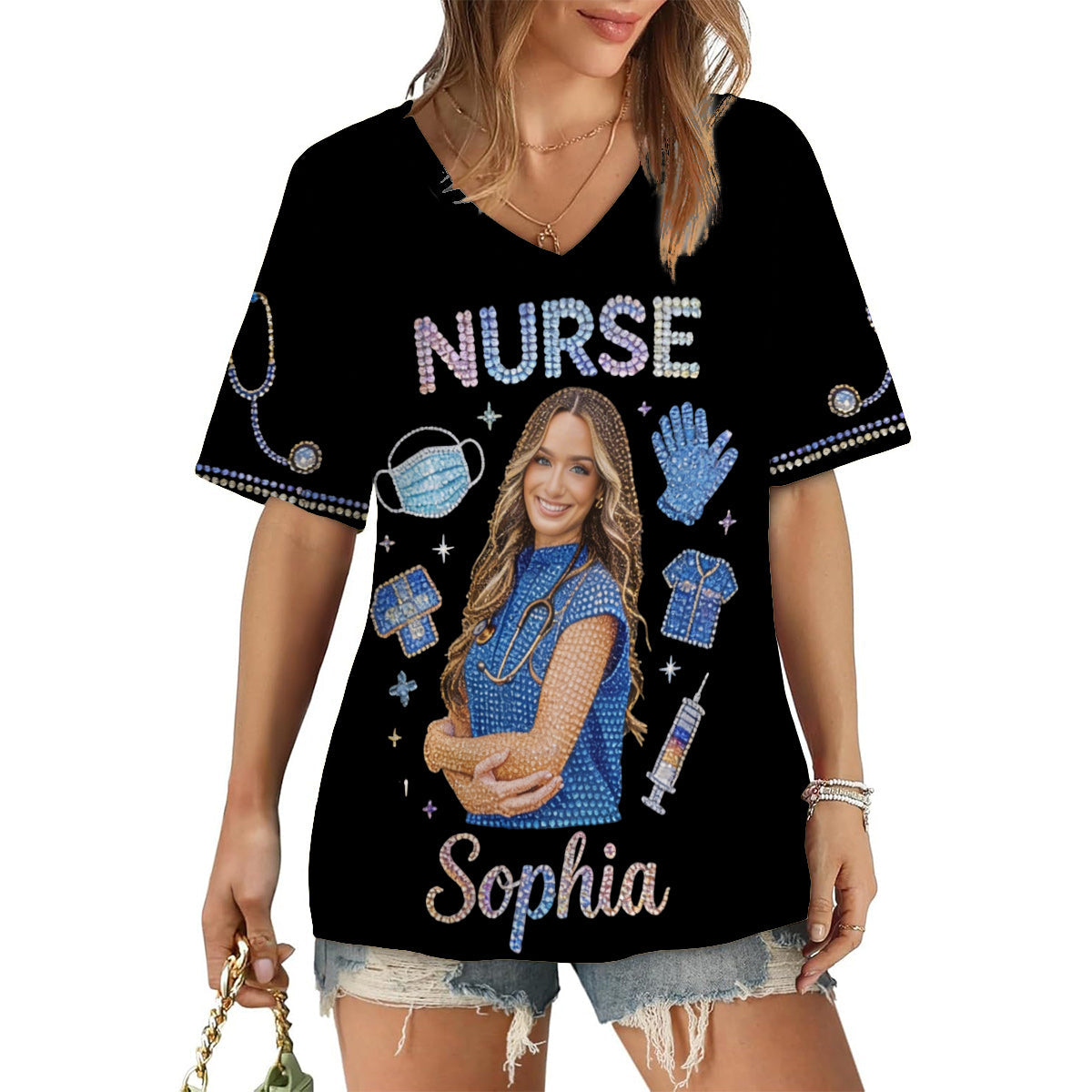 Custom Any Photo, Any Title - Personalized Nurse Fully Printed V-Neck T-Shirt