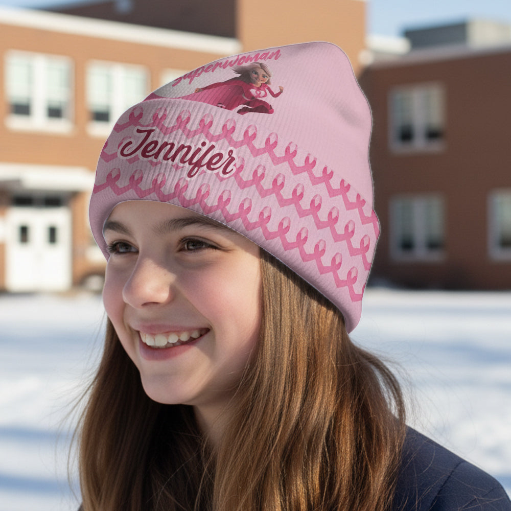 Fight Like a Superwoman, Breast Cancer Awareness - Personalized Breast Cancer Awareness Beanie Hat