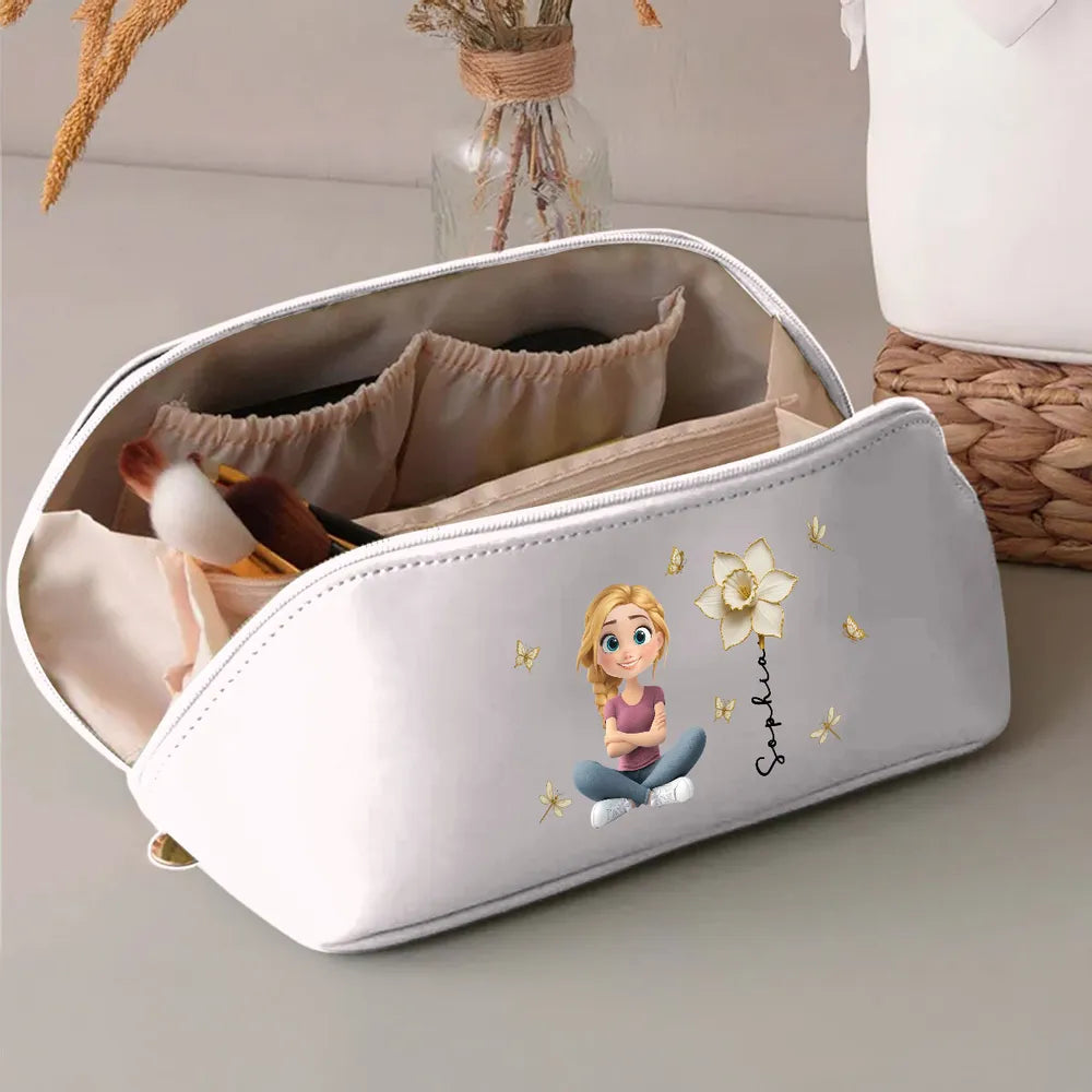 Leather Makeup Bag, custom floral art with a cross-legged cartoon girl; travel-ready, a creative gift for daughter or teen