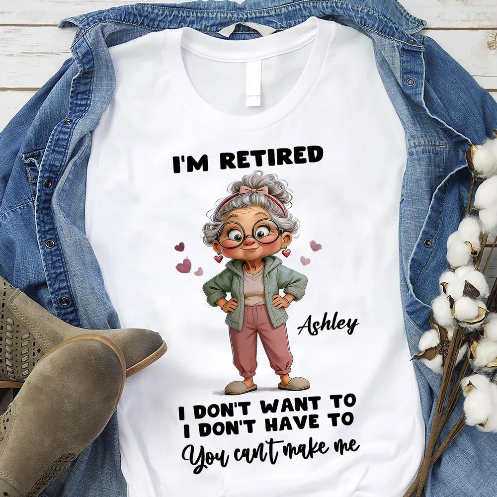 Personalized Classic Tee 'I'm Retired' Cute Cartoon Grandma Shirt, Funny Everyday Wear, Unique Retirement Gift for Mom or Grandma