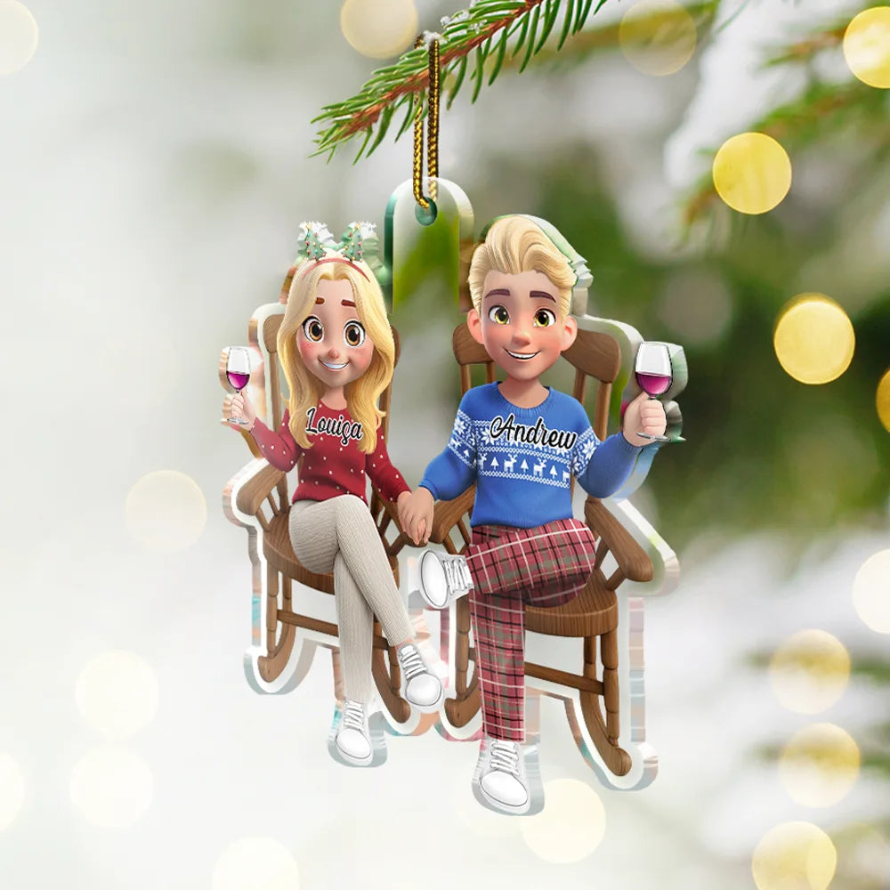 Acrylic Ornament of Couple by the Fireplace – Cozy Christmas Keepsake, a Perfect Gift for Lovers