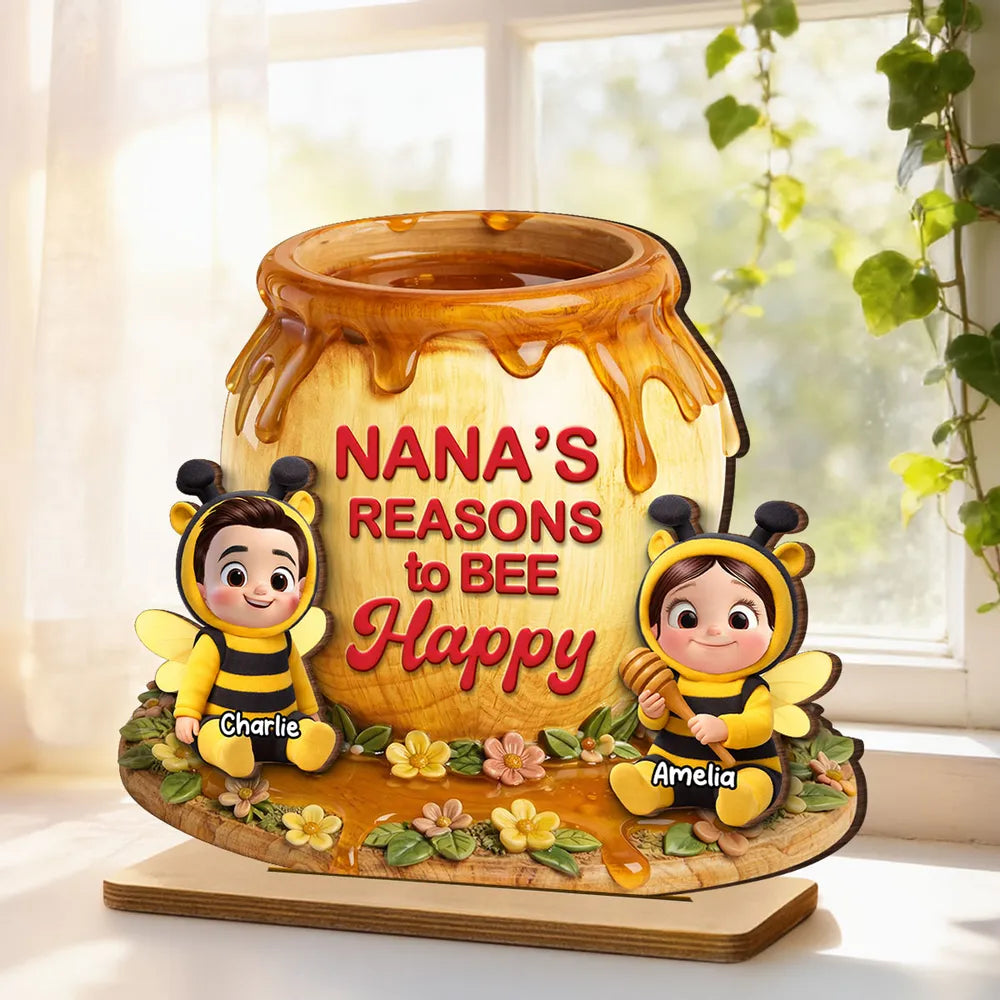 Personalized 2-Layer Wooden Plaque Nana's Reasons to Bee Happy Cute Grandkids Gift for Mom or Grandma Sweet Home Display
