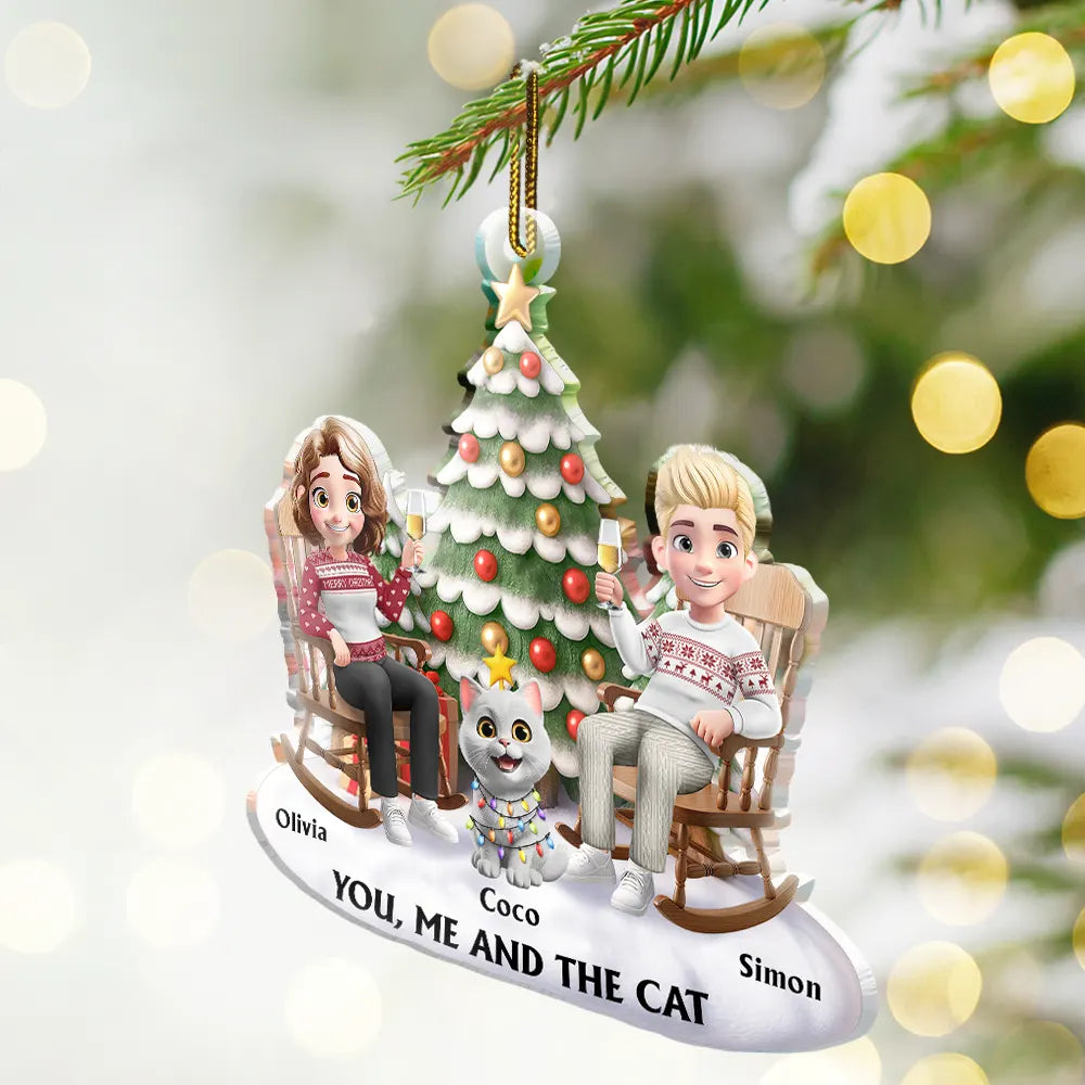 Acrylic Ornament featuring a couple and their cat under a festive tree – warm, photo-friendly décor and a perfect gift for cat-loving families