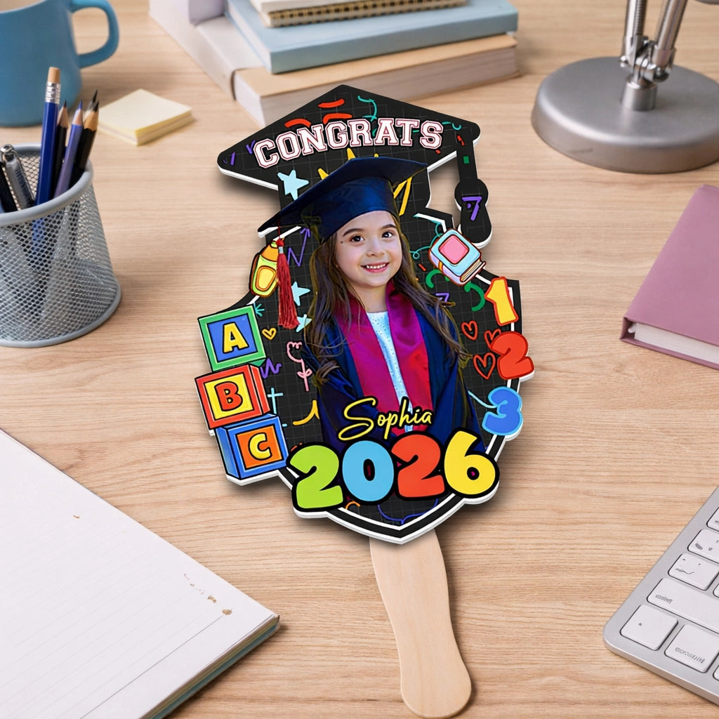 Personalized Graduation Foam Board Fan with Photo and Congrats Design for Kindergarten Graduation, Unique Gift for Kids