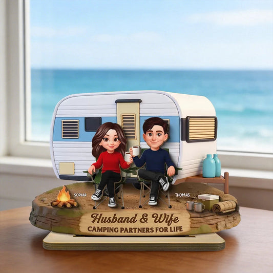 2-Layer Wooden Plaque Personalized for Husband & Wife, Cute Camper Scene Gift That Celebrates Partners for Life
