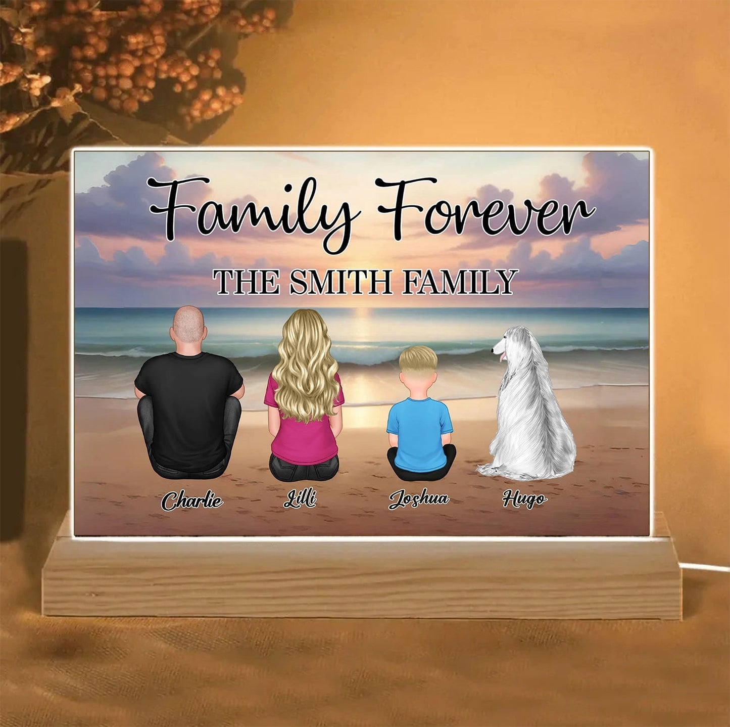 Family Forever Beach Design - Personalized Wooden Plauqe, Keychain, Poster, Wallet Card, and Pillow, Unique Gift