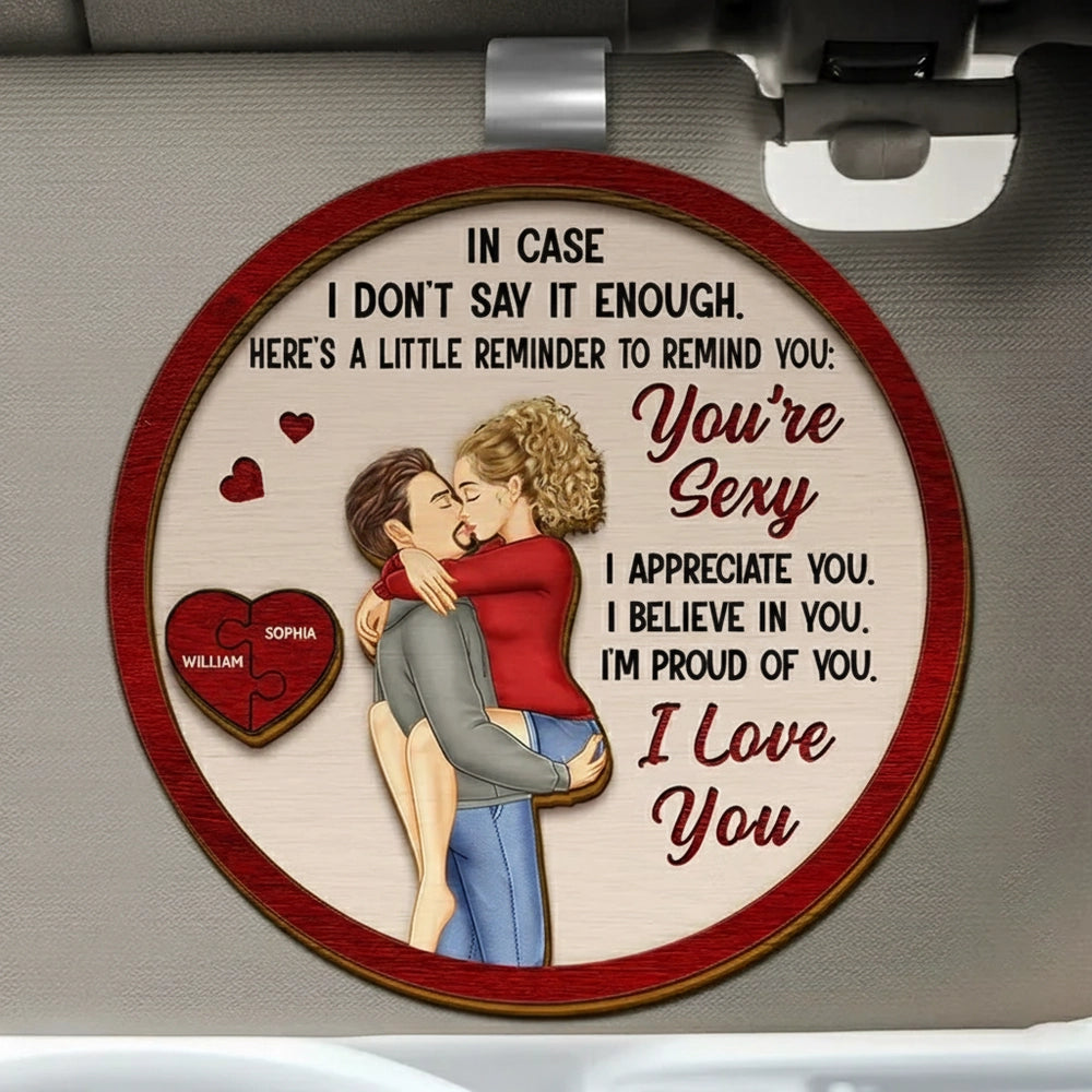 Wooden Car Visor Clip with Romantic Hug Illustration, Heartfelt Words of Love, Perfect Gift for Couples