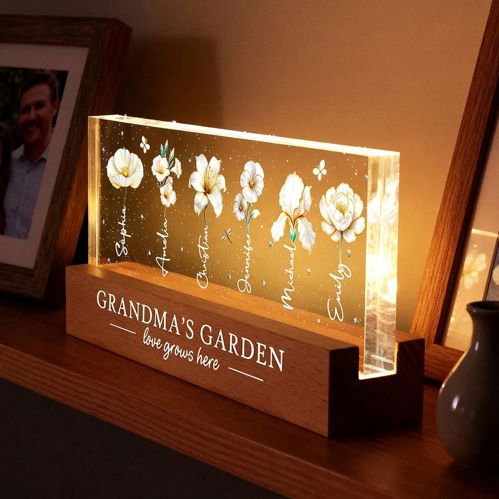 Grandma's Garden Block LED Light Plaque with Birth Month Flowers, Warm Glow Decor, Personalized Unique Gift for Grandma