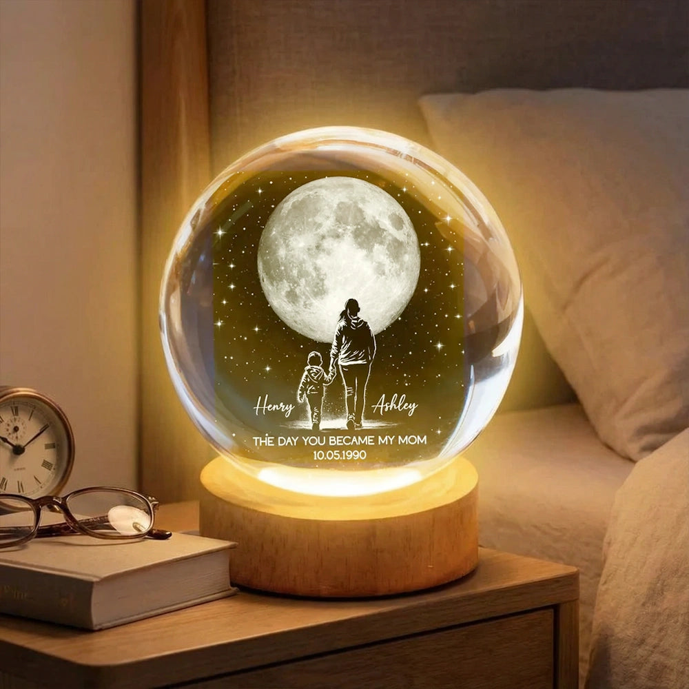 The Day You Became My Mom Personalized Globe Lamp, Mom and Child Under the Moon Night Light, Meaningful Gift