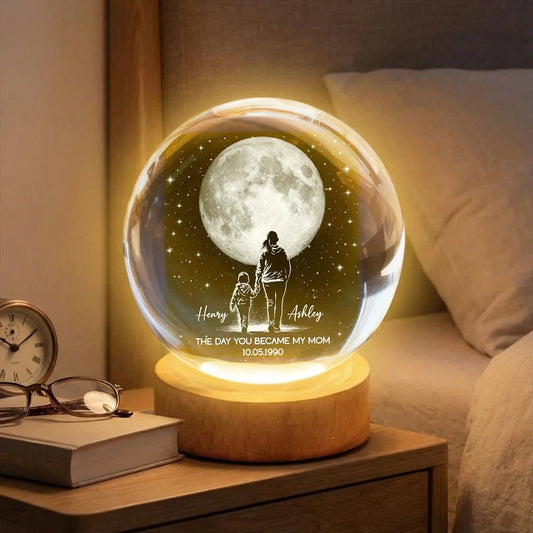 The Day You Became My Mom Personalized Globe Lamp, Mom and Child Under the Moon Night Light, Meaningful Gift