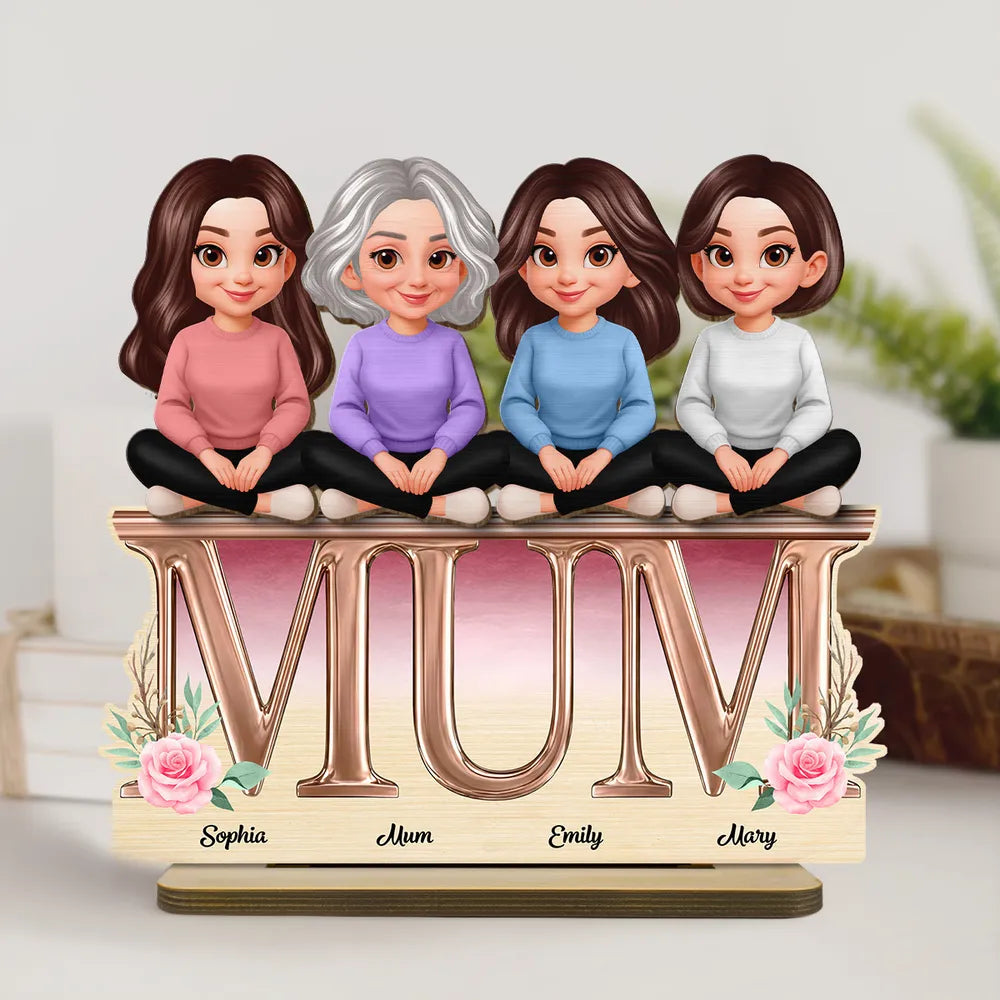Personalized 2-Layer Wooden Plaque with Mum Letter Design, Custom Family Cartoon Display, Unique Gift for Mom